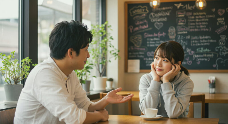 カフェでお茶する男女